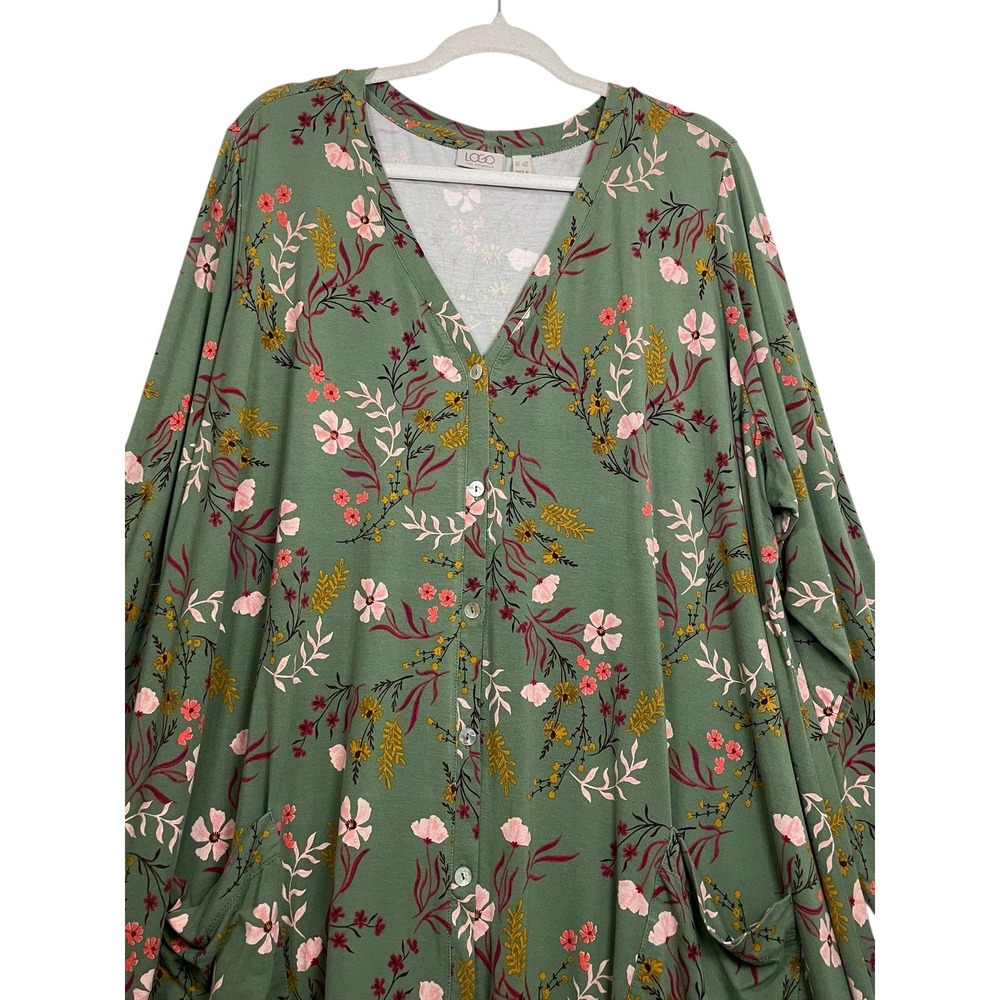 LOGO Lori Goldstein 3X Green Floral Tunic Dress Sharkbite Lagenlook Boho - Picture 3 of 16
